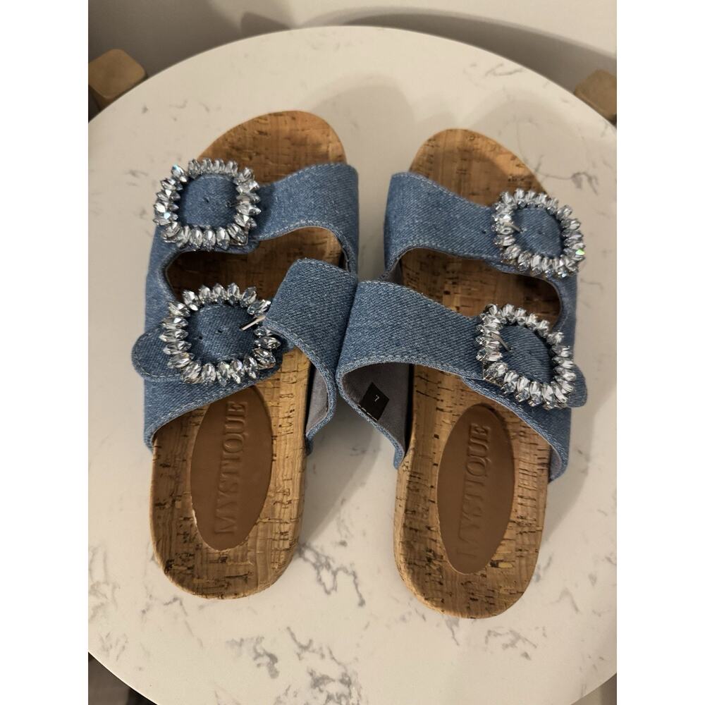 Mystique Cork and Denim Womens Sandals Size 7 with Sparkly Buckles EUC